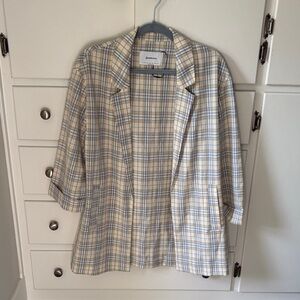 Stradivarius Women's Oversized Checkered Blazer - Cream and Blue